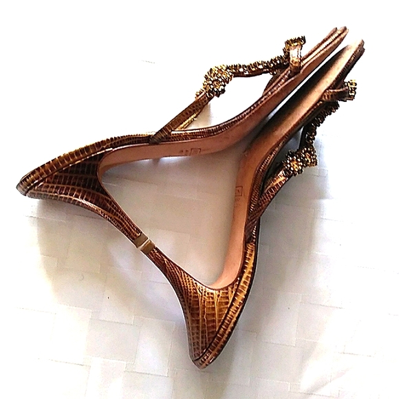 RARE Giuseppe Zanotti Topaz Jeweled Metallic Leather Kitten Heel Sandals VINTAGE - Picture 10 of 16